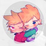  2boys :3 animification artist_name blue_eyes blush brown_hair cheek-to-cheek chibi chibi_only cigar commentary dated_commentary drawstring eddsworld flipped_hair green_jacket gyuuum_planet99 hair_ears heads_together hood hood_down hoodie hug jacket long_sleeves male_focus matt_(eddsworld) mouth_hold multiple_boys one_eye_closed open_clothes open_jacket orange_hair plain_epaulettes purple_hoodie red_eyes red_hoodie round_image short_hair smile sparkle spiked_hair sweatdrop tord_(eddsworld) untranslatable_commentary yaoi 