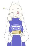  animal_ears blush breasts closed_mouth dress fangs food goat_ears hands_up happy holding horns light_blush long_sleeves looking_at_viewer medium_breasts one_eye_closed pie plate purple_dress red_eyes simple_background smile standing star toriel undertale upper_body white_background wink xan_(xan0712) 