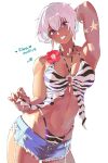  1girl animal_print bikini blue_shorts breasts commentary_request dark-skinned_female dark_skin earrings elena_(street_fighter) highres jewelry looking_at_viewer necklace print_bikini purple_eyes short_hair short_shorts shorts solo street_fighter street_fighter_6 striped_bikini striped_clothes swimsuit teeth uixy white_hair zebra_print 