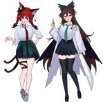  2girls ;d absurdres alternate_costume animal_ear_fluff animal_ears bell black_bow black_choker black_shoes black_skirt black_thighhighs black_wings blush bow braid breasts brown_eyes brown_hair canonball_(dungigi12) cat_ears cat_girl cat_tail choker clothes_around_waist coat collared_shirt commentary_request double-parted_bangs feathered_wings full_body glasses green_bow green_jacket green_necktie hair_bow hand_on_own_hip hand_up heart highres holding holding_vial jacket jacket_around_waist kaenbyou_rin knees_together_feet_apart korean_commentary lab_coat lapels large_breasts long_hair long_sleeves looking_at_viewer medium_hair multiple_girls multiple_tails neck_bell necktie one_eye_closed open_clothes open_coat open_mouth pleated_skirt red_eyes red_hair red_necktie reiuji_utsuho round_eyewear school_uniform shirt shirt_tucked_in shoes simple_background skirt sleeves_rolled_up smile sneakers standing tail thigh_strap thighhighs touhou twin_braids two_tails v very_long_hair vial white_background white_coat white_shirt white_shoes wings 