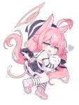  1girl :d ahoge animal_ears bare_shoulders black_bow black_hat black_skirt bloomers blue_archive blush_stickers bow cat_ears cat_girl cat_tail chibi chibi_only commentary_request detached_sleeves frilled_skirt frills full_body hair_bow halo hat heart heterochromia hoshino_(blue_archive) imro_0000 kneehighs long_hair looking_at_viewer low_twintails open_mouth pink_hair pink_halo pink_shoes purple_eyes shoes simple_background skirt smile socks solo standing standing_on_one_leg striped_clothes striped_headwear striped_sleeves striped_socks suspender_skirt suspenders tail twintails white_background white_bloomers white_socks yellow_eyes 
