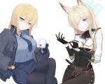  2girls absurdres adjusting_clothes adjusting_gloves animal_ears belt black_gloves black_pantyhose black_shirt blonde_hair blue_archive blue_eyes blue_shirt blue_skirt breasts brown_belt brown_pants closed_mouth collared_shirt commentary_request cosplay costume_switch cropped_jacket crossed_legs cup dog_ears gloves grey_jacket hair_over_one_eye half_gloves halo hentai_prison highres holding holding_cup jacket kanna_(blue_archive) kanna_(blue_archive)_(cosplay) large_breasts long_hair long_sleeves looking_at_viewer mokomoko_system multiple_girls one_eye_covered open_clothes open_jacket pants pantyhose parted_lips shirt sidelocks skirt sofia_shikolenko sofia_shikolenko_(cosplay) trait_connection undershirt upper_body white_background white_jacket 