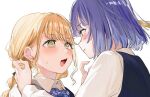  2girls blonde_hair blue_hair blue_vest bow bowtie braid closed_mouth collared_shirt eye_contact fang fujita_kotone gakuen_idolmaster grey_eyes hair_ornament hataya_misuzu hatsuboshi_gakuen_school_uniform idolmaster long_hair looking_at_another low_twin_braids mole mole_under_mouth multiple_girls open_mouth orihi_chihiro plaid_bow plaid_bowtie plaid_clothes pointing pointing_at_self school_uniform shirt short_hair simple_background sweatdrop tassel tassel_hair_ornament twin_braids vest white_background white_shirt yuri 
