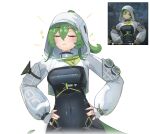  1girl :3 \||/ absurdres arknights arknights:_endfield black_bodysuit bodysuit chest_harness closed_eyes commentary covered_navel doyagao facing_viewer fingerless_gloves fluorite_(arknights) game_screenshot_inset gloves green_hair hair_through_hood harness highres hood hood_up hooded_shrug lizard_tail nemearts ponytail reptile_girl screenshot_inset shrug_(clothing) simple_background smug solo tail upper_body white_background white_shrug 