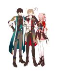  1girl 2boys black_boots black_dress black_gloves black_jacket black_pants black_shirt blush_stickers boots breasts brown_hair caelus_(honkai:_star_rail) caelus_(vim_and_vigor)_(honkai:_star_rail) chinese_clothes closed_eyes coat dan_heng_(honkai:_star_rail) dan_heng_(hunt)_(honkai:_star_rail) dress eyeliner facing_viewer fingerless_gloves full_body gloves grey_hair grey_pants hair_ornament hand_on_own_hip highres honkai:_star_rail honkai_(series) jacket locked_arms makeup march_7th_(honkai:_star_rail) march_7th_(hunt)_(honkai:_star_rail) medium_breasts medium_hair multiple_boys musical_note official_alternate_costume open_mouth outfit_connection pants pink_hair red_eyeliner red_jacket sakae_0_0 shirt short_hair side-by-side simple_background smile sparkle speech_bubble spoken_musical_note thighhighs trailblazer_(honkai:_star_rail) white_background white_coat white_shirt white_thighhighs 