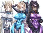  3girls adjusting_hair akane_(blue_archive) arms_behind_head arms_up asuna_(blue_archive) black_bodysuit black_gloves black_hair black_jacket black_shrug blonde_hair blue_archive blue_bodysuit blue_eyes blue_halo blush bodysuit breasts brown_hair commentary_request cosplay covered_groin covered_navel covered_nipples dark-skinned_female dark_skin glasses gloves gradient_hair grin hair_over_one_eye hair_tie_in_mouth halo hand_in_own_hair hands_in_own_hair highres himari_(armed)_(blue_archive) himari_(blue_archive) himari_(blue_archive)_(cosplay) holding holding_own_hair jacket karin_(blue_archive) large_breasts long_hair looking_at_viewer mouth_hold multicolored_bodysuit multicolored_hair multiple_girls ponytail purple_bodysuit purple_hair purple_halo rio_(armed)_(blue_archive) rio_(blue_archive) rio_(blue_archive)_(cosplay) sayu_mypace shrug_(clothing) smile two-tone_bodysuit tying_hair very_long_hair yellow_eyes 
