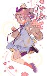  1girl :o absurdres asymmetrical_legwear blush bow bowtie brown_bow brown_bowtie brown_cardigan brown_hair brown_shoes cardigan cherry_blossoms collared_dress commentary_request dress frilled_shirt_collar frills from_side full_body green_eyes hair_ribbon hand_up highres kneehighs long_sleeves mismatched_legwear open_cardigan open_clothes open_mouth orange_socks original petals purple_socks ribbon shoes short_hair simple_background socks solo sparkle white_background white_dress yooki_(winter_cakes) 