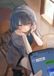  absurdres black_shoes black_skirt cellphone cellphone_photo chair coat commentary_request frown gakuen_idolmaster green_eyes green_hair green_shirt grey_coat highres holding holding_phone idolmaster indoors looking_at_viewer on_chair phone pov pov_hands round_table ruo_015 shirt shoes sitting skirt smartphone table text_messaging translation_request tsukimura_temari wooden_chair wooden_table 