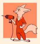  2018 anthro barefoot blush canine clothed clothing coveralls cute_fangs disney drill female fox fuel_(artist) hand_on_hip holding_object looking_at_viewer mammal orange_background restricted_palette simple_background skye_(zootopia) smile solo standing white_background zootopia 