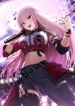  1girl asymmetrical_pants belt black_belt black_nails commentary_request holding holding_microphone hololive hololive_english hololive_idol_uniform_(color_rise) long_hair microphone midriff mori_calliope navel pink_eyes pink_hair same1029 single_thighhigh thighhighs virtual_youtuber wristband 