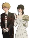  1boy 1girl bandaid bandaid_on_cheek bandaid_on_face bandaid_on_nose black_bow black_bowtie black_hair blonde_hair bound bound_wrists bow bowtie breasts brown_eyes chainsaw_man commentary_request cross_scar denji_(chainsaw_man) dirty dirty_face dress elbow_gloves flower gloves grin holding holding_flower holding_rope korean_commentary low_ponytail medium_breasts orange_eyes ponytail ringed_eyes rope sawgak scar scar_on_cheek scar_on_face scar_on_nose sidelocks smile strapless strapless_dress tied_up_(nonsexual) tissue_in_nose tuxedo wedding_dress white_dress white_gloves yoru_(chainsaw_man) 