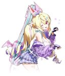  1girl 5oh5s2 animal_ears bandaid bandaid_on_cheek bandaid_on_face bare_shoulders belt black_gloves blonde_hair blue_skirt blush breasts caramel_(stella_sora) choker cleavage cowboy_shot demon_wings drill_hair extra_ears fingerless_gloves gloves guitar_case hair_ornament hair_ribbon hashtag-only_commentary highres instrument_case jacket large_breasts layered_skirt long_hair long_sleeves looking_at_viewer miniskirt multicolored_hair off_shoulder open_clothes open_jacket open_mouth purple_hair purple_jacket red_eyes ribbon shirt sidelocks skirt sleeveless sleeveless_shirt smile solo spaghetti_strap standing star_(symbol) star_hair_ornament stella_sora strap_gap streaked_hair tail thighs twin_drills twintails two-tone_hair very_long_hair white_choker white_shirt wings 