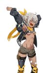  absurdres areola_slip areolae armpits breasts dark_skin girls_frontline highres klin_(girls_frontline) navel see-through shorts small_breasts solo tan ubo_(dbsgurdbsk) underboob white_hair yellow_pupils 