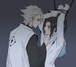  1boy 1girl alternate_universe aqua_eyes black_eyes black_hair bleach bleach:_sennen_kessen-hen bound bound_wrists capelet chain commentary english_commentary frown gloves grey_hair hand_on_another's_chin haori highres hitsugaya_toushirou japanese_clothes kurosaki_karin quincy_(bleach) serious shihakusho silegesi taichou_haori white_capelet white_gloves wide_sleeves 