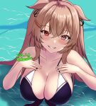  1girl bare_arms bikini black_bikini blush breasts brown_eyes brown_hair cleavage collarbone commentary_request dated grin hair_between_eyes hair_ornament hairclip heterochromia highres kantai_collection large_breasts long_hair looking_at_viewer montemasa murasame_(kancolle) outdoors partially_submerged pool red_eyes sidelocks signature smile solo swimsuit teeth 