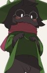  4_fingers anthro balls blush caprine child clothing clothing_lift cub deltarune eyewear flaccid foreskin glasses goat hat humanoid_penis male mammal monster penis ralsei robe scarf simple_background solo tamauribou uncut young 