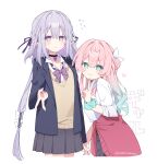  2girls absurdres alternate_costume alternate_hairstyle aqua_eyes aqua_hair aqua_nails aqua_scrunchie artist_name black_choker black_jacket black_skirt bow butterfly_choker castorice_(honkai:_star_rail) choker clothes_around_waist collared_shirt commentary_request cowboy_shot flying_sweatdrops gradient_hair gyaru gyaru_v hair_down hair_ribbon highres honkai:_star_rail honkai_(series) hyacine_(honkai:_star_rail) jacket jacket_around_waist kogal long_hair long_sleeves looking_at_viewer multicolored_hair multiple_girls nail_polish pink_hair pink_jacket pleated_skirt pointy_ears purple_bow purple_eyes purple_hair purple_nails purple_ribbon ribbon school_uniform scrunchie shirt simple_background skirt smile sweater_vest twitter_username two-tone_hair uwasewau v white_background white_ribbon white_shirt wrist_scrunchie yellow_sweater_vest 