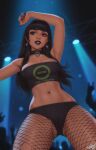  1girl arm_up black_choker black_eyes black_hair black_lips black_nails black_panties black_pantyhose black_shirt breasts breasts_out chel_(el_dorado) choker commentary cropped_shirt cross cross_earrings earrings english_commentary fishnet_pantyhose fishnets goth_fashion highres inverted_cross inverted_cross_earrings jewelry long_hair nail_polish navel nipple_bar nipple_piercing nipples panties pantyhose parted_lips personal_ami piercing shirt signature solo the_road_to_el_dorado torn_clothes torn_pantyhose underwear 