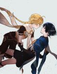  2boys a9pzlvm aether_(genshin_impact) ahoge arm_armor artist_name baggy_pants belt black_boots black_gloves black_hair black_hakama black_shorts black_socks black_tank_top blonde_hair blue_cape blue_eyes boots braid bridal_gauntlets brown_belt brown_pants brown_shirt cape commentary_request eyeshadow feet_out_of_frame fingernails floating_clothes floating_hair flying from_side genshin_impact gloves gold_ring gold_trim grabbing_another's_arm hair_between_eyes hair_ornament hair_ribbon hair_tubes hakama hakama_shorts han'eri hand_up highres japanese_clothes leg_warmers long_hair looking_at_another low-braided_long_hair low-tied_long_hair makeup male_focus midriff missing_headwear multiple_boys navel open_mouth pants pom_pom_(clothes) red_eyeshadow ribbon scaramouche_(genshin_impact) scarf shirt short_hair short_sleeves shorts simple_background single_braid single_hair_tube socks tank_top wanderer_(genshin_impact) white_background white_leg_warmers white_ribbon white_scarf white_shirt yaoi yellow_eyes 