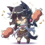  1girl animal_ears asymmetrical_footwear bandaid bandaid_on_face bandaid_on_nose belt black_hair black_skirt blush brown_belt chest_sarashi chibi closed_eyes coat commentary_request food full_body hands_up high_ponytail highres holding holding_food horse_ears horse_girl horse_tail kirimmitsu long_hair meat midriff mismatched_footwear mouth_hold musical_note narita_brian_(maverick)_(umamusume) narita_brian_(umamusume) open_clothes open_coat pleated_skirt ponytail rope sarashi shimenawa skirt smile solo stalk_in_mouth tail twitter_username umamusume 