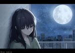  1girl absurdres black_hair cho_kaguya-hime! commentary_request dated full_moon green_eyes green_shirt highres kevanescence lonely long_hair messy_hair mole mole_under_eye moon night outdoors pajamas sakayori_iroha shirt sky solo star_(sky) starry_sky 