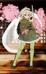  1girl absurdres alternate_costume black_hairband brown_shoes chinese_commentary commentary_request commission falling_petals full_body green_eyes green_kimono green_pantyhose grey_hair hairband highres hitodama holding holding_sword holding_weapon iwakoo japanese_clothes katana kimono konpaku_youmu konpaku_youmu_(ghost) long_sleeves looking_at_viewer pantyhose petals pink_petals second-party_source shoes solo sword touhou weapon wide_sleeves 