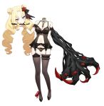  1girl absurdres arm_garter babydoll bare_shoulders between_breasts black_babydoll black_choker black_panties blonde_hair blue_eyes braid breasts brown_thighhighs choker claws cleavage commission disembodied_head double_bun dullahan flats frilled_thigh_strap full_body garter_belt hair_bun highres holding holding_detached_head large_breasts leg_ribbon lingerie long_hair looking_at_viewer navel nogong original panties ribbon simple_background skindentation solo spaghetti_strap stomach thigh_strap thighhighs tray twin_braids twintails underwear underwear_only very_long_hair white_background 