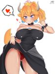  black_dress blonde_hair blue_eyes blush bowsette breasts closed_mouth collarbone dress horn kirim large_breasts mario_(series) nintendo panties ponytail red_panties red_underwear skirt skirt_lift super_crown tail thighs underwear 