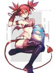  1girl absurdres animal bare_shoulders bat_wings belt bikini bikini_top_only bird black_bikini black_boots black_choker black_skirt boots cancanbaobao55 choker closed_mouth demon_girl demon_tail demon_wings disgaea earrings etna_(disgaea) feet_out_of_frame flat_chest full_body gloves hair_between_eyes hashtag-only_commentary highres jewelry leather leather_boots leather_gloves leather_skirt looking_at_viewer miniskirt navel o-ring o-ring_choker penguin pointy_ears prinny red_eyes red_hair red_tail skirt skull_earrings smile swimsuit tail thigh_boots twintails white_belt wings 