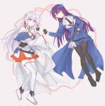  2girls assault_lily bare_shoulders black_boots black_gloves black_necktie black_pantyhose blue_jacket blue_skirt boots braid bukejie butterfly_hair_ornament chinese_commentary closed_mouth commentary_request corrupted_twitter_file criss-cross_halter detached_collar detached_sleeves epaulettes flower flower_knot full_body funada_kiito funada_ui gloves green_eyes grey_background grey_hair hair_flower hair_ornament hair_ribbon halterneck hand_on_own_stomach hands_up highres holding_hands jacket japanese_clothes jika-tabi kimono kimono_skirt knee_boots long_hair long_sleeves looking_at_another miniskirt multiple_girls necktie obi obijime pantyhose partially_fingerless_gloves pink_flower pink_ribbon pleated_skirt purple_eyes purple_hair red_ribbon ribbon sash short_kimono siblings side_braid simple_background single_braid sisters skirt smile thighband_pantyhose thighhighs very_long_hair waist_cape white_kimono white_thighhighs wide_sleeves 