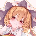  1girl :q ascot blonde_hair blush closed_mouth collared_shirt commentary_request fingernails flandre_scarlet frilled_shirt frills hair_between_eyes half-closed_eyes hands_up hat head_back highres licking licking_lips long_fingernails long_sleeves looking_at_viewer mob_cap nail_polish one_side_up orange_outline outline portrait r_utchi red_eyes red_nails shirt short_hair simple_background smile solo spread_fingers tongue tongue_out touhou vest white_background white_hat white_outline white_shirt yellow_ascot 