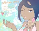  1girl 404sllas bare_shoulders bead_necklace beads black_hair blue_nails breasts bright_pupils cleavage collarbone commentary_request dark-skinned_female dark_skin diamond_earrings earrings halter_shirt halterneck heart highres jewelry looking_at_viewer neck_ring necklace olivia_(pokemon) one_eye_closed pink_lips pokemon pokemon_sm solo tsurime upper_body 