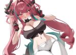  1girl :q absurdres arknights arknights:_endfield bby black_horns blush breasts commentary crop_top diamond_in_eye dragon_girl dragon_horn dragon_horns dragon_tail dutch_angle gloves hair_intakes hair_on_horn highres horns large_breasts mole mole_on_breast navel pants pink_gloves pink_hair pointy_ears simple_background solo tail tongue tongue_out twintails two-sided_gloves white_background white_pants yvonne_(arknights) 