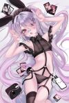  1girl :o absurdres alternate_costume animal_ears arms_up bandaid bandaid_on_cheek bandaid_on_face bandaid_on_nose bare_arms bare_shoulders bed_sheet blush camera cellphone chedisu collared_shirt commentary cowboy_shot crop_top double_strap_slip fake_animal_ears fang frilled_headband frilled_sleeves frills from_above garter_straps gem grey_hair hair_between_eyes hair_intakes hair_ornament hair_over_one_eye hairclip headband highleg highleg_panties highres hololive hololive_english jewel_under_eye koseki_bijou long_hair looking_at_viewer lying navel on_back open_mouth panties phone photo_(object) purple_eyes purple_gem rabbit_ears rabbit_pose rabbit_tail shirt short_sleeves sidelocks single_bare_leg single_thighhigh smartphone stomach strap_slip tail thighhighs thighs tongue twintails underwear very_long_hair white_background 
