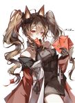  1girl absurdres angelina_(arknights) animal_ear_fluff animal_ears arknights arknights:_endfield bare_shoulders black_gloves breasts brown_hair chinese_commentary chinese_knot chinese_new_year coat collarbone commentary_request dot_nose dress elbow_gloves fox_ears fox_girl gilberta_(arknights) gloves grey_dress headpiece high_collar highres holding hongbao long_hair long_sleeves looking_at_viewer medium_breasts mouth_hold off_shoulder open_clothes open_coat orange_eyes red_coat short_dress simple_background sleeveless sleeveless_dress smile solo tassel tingzhiya twintails white_background 