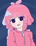  1girl antenna_hair blunt_bangs blush chiccha_na_watashi_(synthesizer_v) commentary_request gotoh_hitori hand_on_another's_shoulder highres jacket kasane_teto looking_at_viewer medium_hair pink_hair pink_jacket pink_track_suit pinpaise3v77 revision sidelocks solid_circle_eyes track_suit utau wavy_mouth zipper 