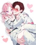  1boy 1girl absurdres blush breasts carrying cleavage closed_eyes commentary couple district_v dr._feesh earrings english_commentary ewick finana_ryugu fins glasses grin head_fins heart heart-shaped_eyewear hetero highres indie_virtual_youtuber jewelry lace-trimmed_camisole lace_trim long_hair long_sleeves looking_at_viewer medium_breasts midriff miniskirt multiple_earrings nijisanji nijisanji_en nrnmarie open_mouth pink-tinted_eyewear pink_hair princess_carry purple_eyes simple_background skirt smile sunglasses tinted_eyewear virtual_youtuber 