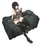  1girl assault_rifle belt_collar black_panties black_thighhighs box braid breasts brown_gloves brown_hair bulletproof_vest closed_mouth collar collarbone commentary commission corrupted_twitter_file ear_protection english_commentary fingerless_gloves full_body gloves grey_eyes grey_shoes gun handgun highleg highleg_panties highres holster holstered large_breasts m1911 m4_carbine magazine_(weapon) maxturbo69 medium_hair microphone naked_bulletproof_vest original panties rifle shoes simple_background sitting solo suppressor thigh_holster thighhighs torn_clothes torn_thighhighs underwear weapon white_background 