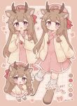  1girl :d :o absurdres animal_ears antlers blunt_bangs blush_stickers boots border brown_boots brown_border brown_hair chibi closed_mouth collared_dress colon_br commentary commission deer_antlers deer_ears deer_girl double-parted_bangs dress frilled_dress frills full_body grid_background hand_up hat highres horns jacket jewelry kneehighs long_hair long_sleeves looking_at_viewer multiple_views necklace open_clothes open_jacket open_mouth original outline outside_border own_hands_together palms_together pink_hat purple_eyes skeb_commission smile socks standing white_background white_outline white_socks yellow_jacket 