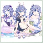  1girl aged_down animal_ears apron backpack bag black_dress black_hair blue_eyes blue_shorts chewing_gum choker closed_mouth commentary dress english_commentary fake_animal_ears food frilled_apron frills fu_hua full_body green_jacket highres holding holding_food holding_popsicle honkai_(series) honkai_impact_3rd innertube jacket jingwei_(bird) looking_at_viewer maid monabianou multiple_views neckerchief one-piece_swimsuit popsicle purple_choker purple_neckerchief purple_one-piece_swimsuit purple_serafuku rabbit_ears school_uniform seiza serafuku shirt shorts simple_background sitting smile socks soles solo swim_ring swimsuit thighhighs v water white_apron white_background white_shirt white_socks white_thighhighs wrist_cuffs 