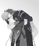  2boys absurdres bare_shoulders coat commentary_request flins_(genshin_impact) genshin_impact gloves greyscale hands_on_another's_arm height_difference highres illuga_(genshin_impact) jacket long_hair long_sleeves lwr31749708 male_focus monochrome multiple_boys short_hair thigh_strap turtleneck white_background yaoi 
