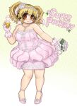 1girl :3 bead_necklace beads blonde_hair bouquet breasts bride character_name cleavage closed_mouth commentary cupcake dress english_commentary fat flower food frilled_dress frills gloves green_background hair_flower hair_ornament headphones highres holding holding_bouquet holding_food huge_breasts jewelry looking_at_viewer necklace nitroplus pink_dress plushvampy solo star_(symbol) star_necklace super_pochaco twintails veil wedding_dress white_flower white_gloves 