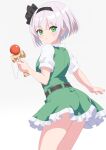  1girl absurdres black_hairband closed_mouth commentary_request frilled_skirt frills green_eyes green_skirt green_vest grey_background grey_hair hairband highres holding kendama konpaku_youmu looking_at_viewer miniskirt puffy_short_sleeves puffy_sleeves shirt short_hair short_sleeves simple_background skirt skirt_set solo tinatama touhou vest white_shirt 
