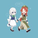  +++ ... 2girls apron back_bow beret black_bow black_bowtie blue_background blue_dress blue_eyes blush bow bowtie braid closed_mouth collared_shirt commentary_request dress green_bow green_bowtie green_hat green_shirt green_vest grey_hair hair_bow hat hat_ornament highres holding_hands hong_meiling izayoi_sakuya long_hair maid maid_headdress multiple_girls pinafore_dress puffy_short_sleeves puffy_sleeves red_hair shirt short_sleeves simple_background sleeveless sleeveless_dress smile spoken_ellipsis star_(symbol) star_hat_ornament touhou twin_braids ukei624 vest waist_apron walking white_apron white_bow white_shirt 