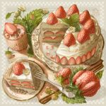  absurdres cake cake_slice commentary_request english_commentary english_text flower food food_focus fork fruit highres icing leaf lenta mixed-language_commentary multilingual_commentary napkin no_humans original plate ramekin still_life strawberry strawberry_shortcake strawberry_slice thai_commentary toothpick white_flower 