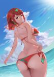  1girl ahoge ass back bare_arms bare_back bare_shoulders bikini blush breasts circlet cloud curvy from_behind hips homura_(xenoblade_2) huge_ass l1n large_breasts looking_at_viewer looking_back nintendo outdoors red_bikini red_eyes red_hair sea short_hair sideboob sky smile solo swimsuit thick_thighs thighs wide_hips xeno_(series) xenoblade_(series) xenoblade_2 