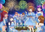  6+girls :d aerial_fireworks ahoge bare_shoulders blue_dress blue_eyes blue_hair blunt_bangs blush breasts brown_eyes brown_hair cleavage closed_eyes commentary_request dress fireworks floral_print food fudeshima_shigure green_eyes hair_ornament hairband highres japanese_clothes kimono long_hair looking_at_viewer midriff multiple_girls navel nekoashi_tsubomi night niizuma_yae nikuya_mugi official_art open_mouth orange_hair outdoors purple_eyes purple_hair red_hair sasuga_chisa senju_koyomi shiromaru_mito short_hair short_shorts shorts skirt sky smile standing very_long_hair world_dai_star yanagiba_panda yonaguni_hikari yorozu_iruru 