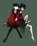  2girls alternate_costume antenna_hair arm_hug bare_shoulders black_dress black_eyes black_hair black_pantyhose bow bright_pupils closed_mouth clothing_cutout colaji_(gnpw7772) collarbone colored_skin commentary_request criss-cross_halter double-parted_bangs dress dual_persona empty_eyes expressionless flat_chest frilled_dress frilled_sleeves frills full_body genderswap genderswap_(mtf) green_background grey_pupils hair_behind_ear hair_between_eyes hair_bow hair_ornament hair_tie halterneck highres holding holding_knife invisible_chair jitome knee_up knees_together_feet_apart knife light_frown long_sleeves looking_at_another looking_back looking_down looking_to_the_side low_twintails medium_dress medium_hair multiple_girls no_pupils no_shoes omori omori_(omori) pantyhose profile puffy_long_sleeves puffy_sleeves red_dress red_ribbon ribbon ribbon-trimmed_thighhighs ribbon_trim self-harm shoulder_cutout side-by-side sideways_glance simple_background sitting skinny sunny_(omori) thighhighs twintails white_bow white_ribbon white_skin white_thighhighs x_hair_ornament zettai_ryouiki 