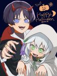  1boy 1girl alternate_costume amhr_46 ascot asymmetrical_sidelocks black_background black_cloak blunt_ends blush bridal_gauntlets choppy_bangs claw_pose cloak collared_cloak collared_shirt commentary_request crescent_moon cross-shaped_pupils demon_costume drawstring eyelashes eyeliner fake_horns fangs gem genshin_impact ghost_costume gold_ring green_gem green_pupils grey_bridal_gauntlets grey_hair grey_shirt hair_ornament hairband halloween_costume hands_up happy_halloween highres horn_hairband horns leaf leaf_hair_ornament looking_at_viewer makeup medium_hair middle_ring moon mystical_high_collar nahida_(genshin_impact) open_hands open_mouth parted_bangs pointy_ears pumpkin_print purple_ascot purple_eyes purple_nails red_eyeliner red_hairband red_horns scaramouche_(genshin_impact) sheet_ghost shirt sidelocks spider_web_print symbol-shaped_pupils teeth tongue turtleneck turtleneck_shirt twitter_username undershirt v-shaped_eyebrows white_hair white_shirt white_sleeves wing_collar wing_print 