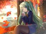  autumn_leaves blue_eyes blue_jacket blue_skirt blush brown_legwear coffee commentary_request copyright_request cup day drink fuupu green_hair highres holding holding_cup jacket long_hair official_art open_mouth outdoors pantyhose pencil_skirt ponytail sitting skirt smile tree very_long_hair vest yellow_neckwear 